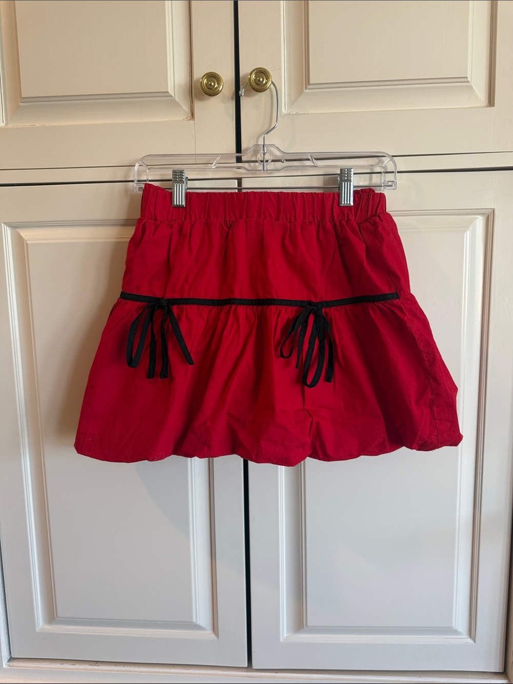 Red Tiered Mini Skirt with Black Tie Accents